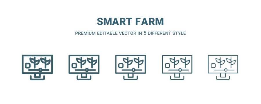 smart farm icon in 5 different style. Thin, light, regular, bold, black smart farm icon isolated on white background.