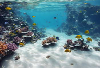 Fototapeta na wymiar Colorful underwater reef landscape and sea creatures on the blue ocean floor