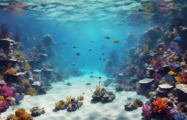 Naklejka na ściany i meble Colorful underwater reef landscape and sea creatures on the blue ocean floor