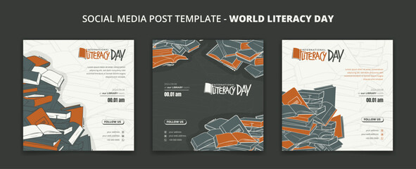 Social media post template for world literacy day with book background design