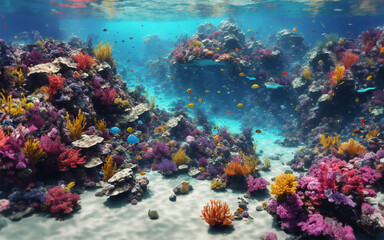 Fototapeta na wymiar Colorful underwater reef landscape and sea creatures on the blue ocean floor