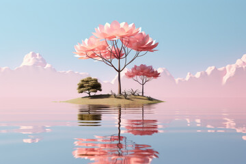 Fototapeta premium A small island with pink flowers in the water.