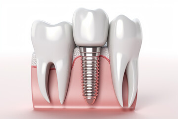 3D model of tooth with implant screw isolated on white background. Teeth implantation and dental surgery concept. Generative AI.