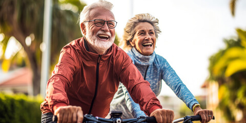 Obraz premium Inspiring elderly couple in cycling gear, sharing a laugh during their scenic bike ride on a palm-lined boulevard, with blurred depth. Generative AI