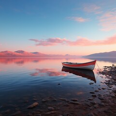 Landscape with Boat moored on the shore of a lake.