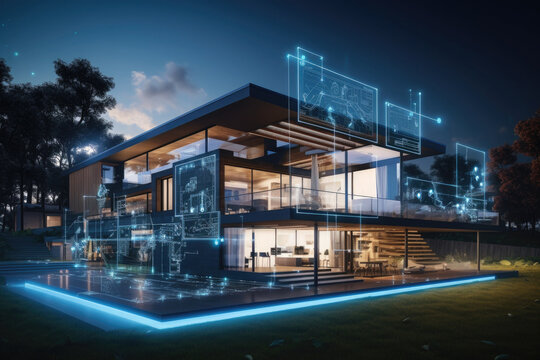 Digital project of residential building. House hologram. Virtual blueprint of smart home