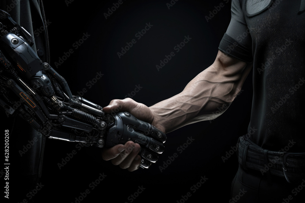 Aufkleber robotic and human arms interact with each other. handshake between human and artificial intelligence