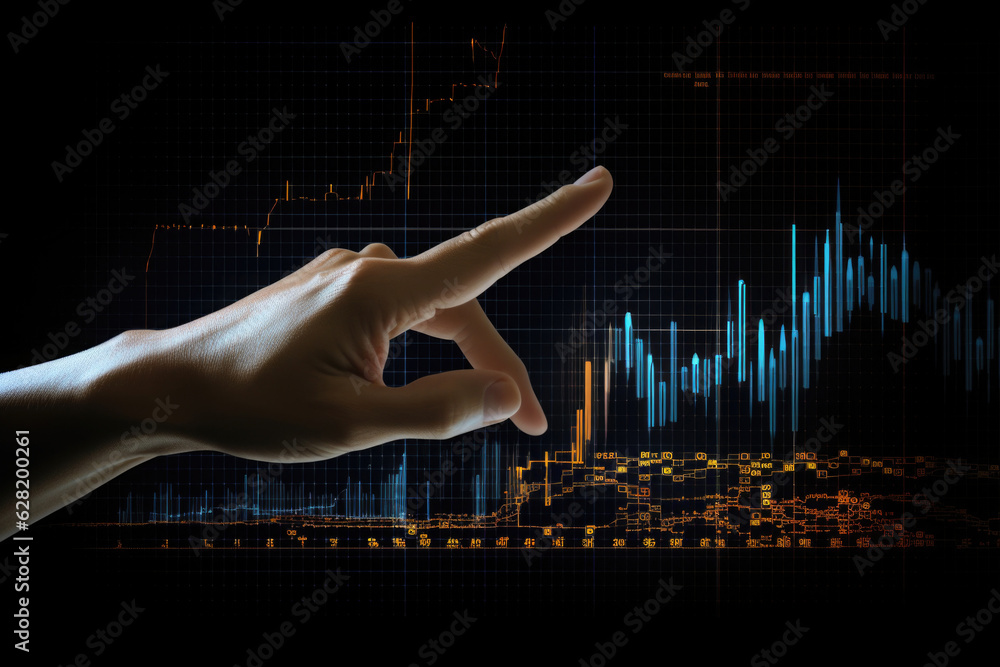 Aufkleber hand points to financial chart on dark background. data analysis. technology background with diagram