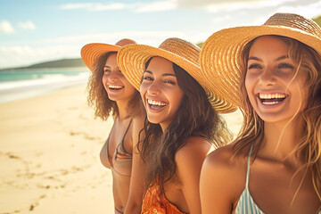 Exuberant friends in straw hats and swimsuits enjoying laughter-filled summer time on a tranquil Australian beach, epitomizing freedom, adventure and joy. 