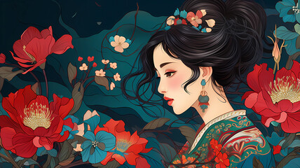 Hand-drawn cartoon beautiful illustration of a girl in ancient Chinese costume among flowers