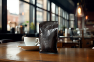 black foil coffee bag mockup in a coffee shop on a coffee table - photoshop marketing mockup - coffee branding