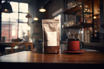 Fototapeta na wymiar Brown foil coffee bag packaging mockup for coffee branding - coffee shop branding mockup - with red coffee cup