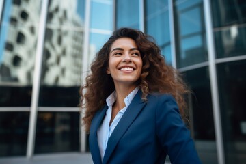 Fototapeta premium Young happy pretty smiling professional business woman, happy confident positive female entrepreneur standing outdoor on street