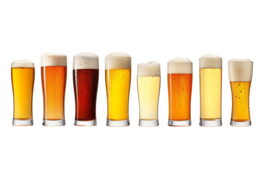 Variety of beers in glass isolated on transparent background , generative ai