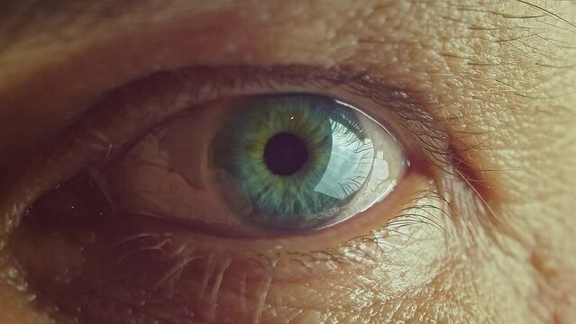Extreme close-up of human eye. Observer, surveillance, watcher concept. Blue iris. Wrinkled skin. Reflection in the eye. Cinematic video. Slow motion. Soft light. Warm colors. Blinking.