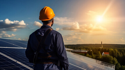 engineer in a helmet on the background of photovoltaic panels.