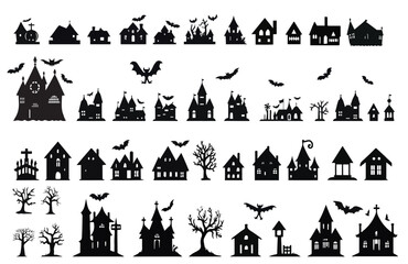 Vector Illustration of Halloween Silhouette Characters on White Background