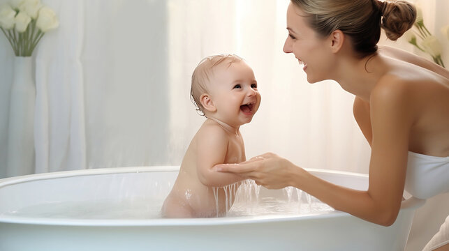 Mother bathing her baby in bathtub at home.