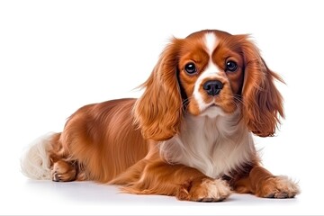 Sitting Puppy Cavalier King Charles Spaniel, Isolated on White. Studio Shot of Adorable Pet Dog in a Horizontal Shot with Nobody in Background: Generative AI