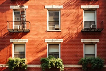 Fototapeta na wymiar Spring Cooling: Window Air Conditioning Units on Brick NYC Apartment Building: Generative AI