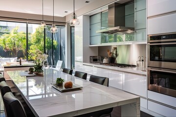 Stylish and Bright Gourmet Kitchen Interior with Fresh White Cabinetry for Apartment or Home Design: Generative AI