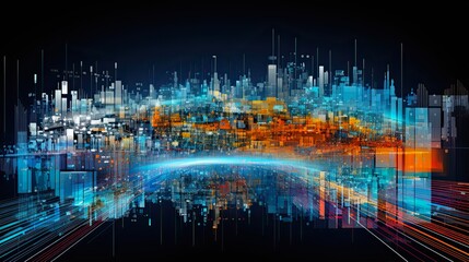 Fototapeta premium Traffic Analysis in Modern City. Big Data Visualisation of Road Capacity Limits and Car Routes. Complex Infrastructure Analysis with Colourful Background.: Generative AI