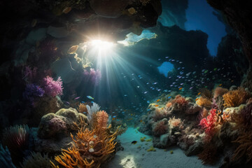 Obraz premium Coral reef with light shining through cave, in the style of sunrays shine upon it. Generative AI.