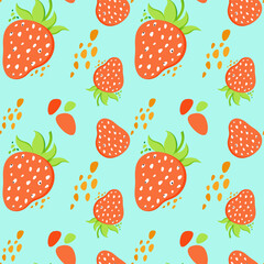 Pattern for fabric and wallpaper red strawberries on a blue background. 