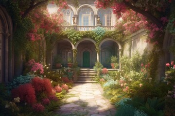 Fototapeta na wymiar Fairy tale setting for dreamcatcher castle architecture, in the style of vray tracing, intricate, delicate flower and garden paintings. Generative AI.