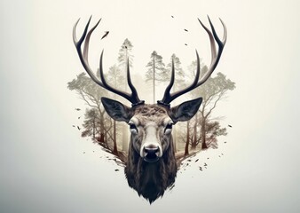 The head of a deer in the forest, with white background and trees, in the style of layered and atmospheric landscapes. Generative AI.