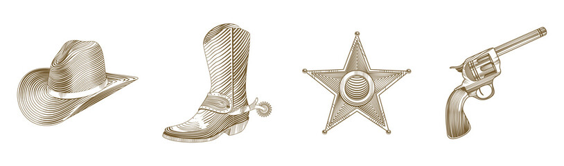 cowboy icon set in engraving style - png illustration