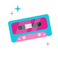 90s retro old cassette in pink color flat style cartoon illustration.