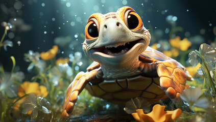 Cute cartoon of a baby turtle for illustrations for children. AI Generator