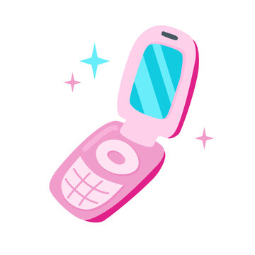 90s 00s Pink Glamorous Flip Mobile Phone Illustration In Flat Cartoon Style