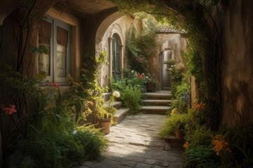 A narrow little street with flower pots, and a light coming through windows, in the style of romantic fantasy, organic stone carvings, national geographic photo. Generative AI.