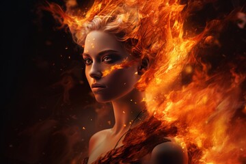 Fototapeta premium A woman with fiery hair is painted in fire, in the style of highly detailed illustrations. Generative AI.