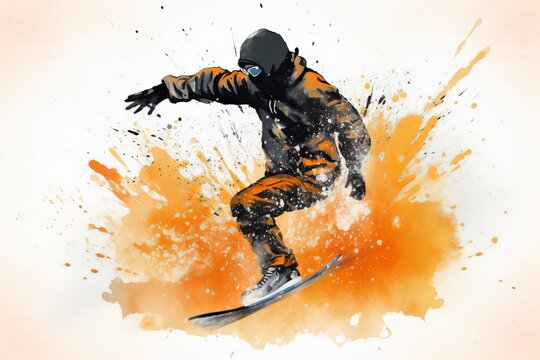 A skater doing a watercolour splash on an orange background picture, in the style of detailed illustrations. Generative AI.