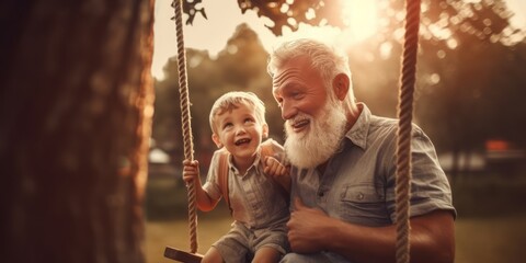Older Man and Young Child Swing Together in a Summer Park, Sharing Lively Facial Expressions and Joyful Laughter, Creating Precious Memories Amidst the Sunny and Playful Outdoors