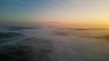Fototapeta na wymiar Beautiful, peaceful, drone captured foggy sunrise over North Alabama 