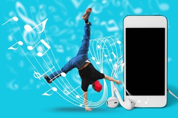 Photo collage of man dancing inside big headphones