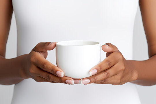 close up of a woman holding a white coffee mug