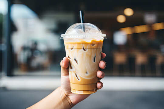 woman holding an iced coffee while walking down the street. Close up