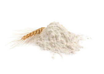 Pile of flour with wheat ear on white background