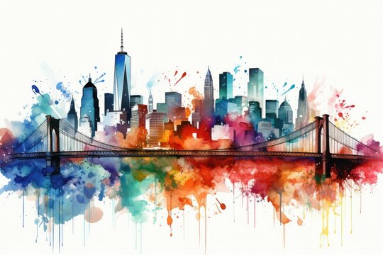Beautiful colorful night New York. Brooklyn Bridge, watercolor.