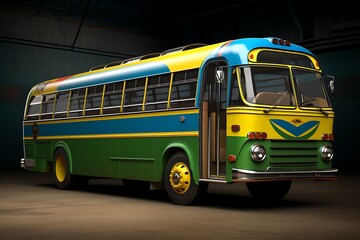 a classic bus painted in Brazil flag colors