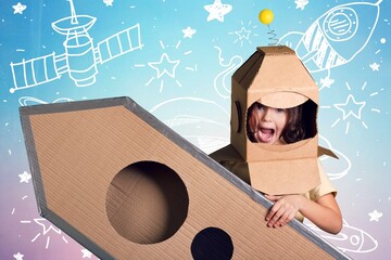 funny cute happy smart little child dream become astronaut
