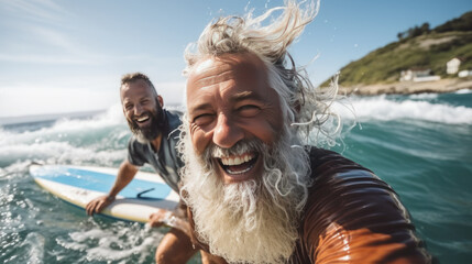 senior man on vacation. surfing and smiling. sea and sun background. 