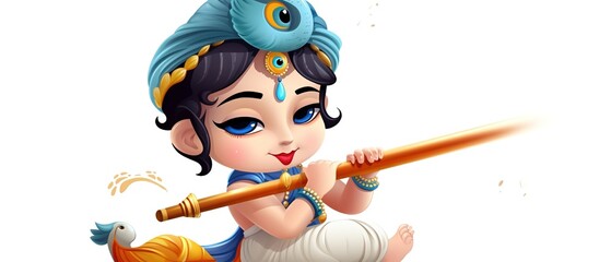 Janmashtami festival with Lord Krishna playing flute vector illustration background, banner, digital post, poster, and card design.illustration - obrazy, fototapety, plakaty