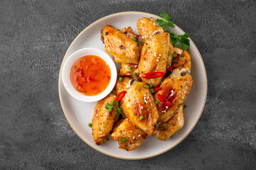 Baked chicken wings served with sweet chili sauce and fresh herbs. Selective focus.