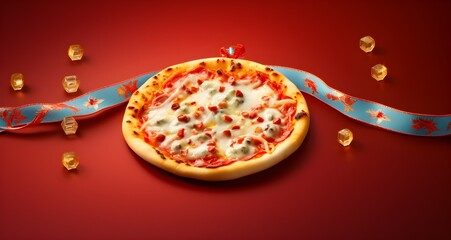 pizza Rakhi on red background. raksha bandhan background.